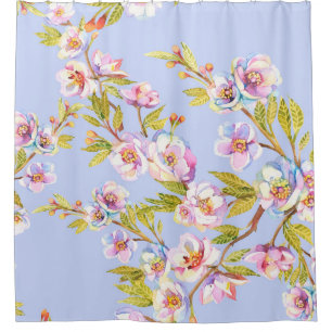 Sprigs of flowering apple or cherry trees on the b shower curtain