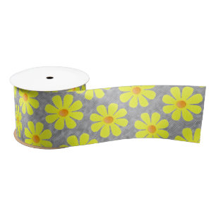 Sprin yellow flowers on grey background satin ribbon