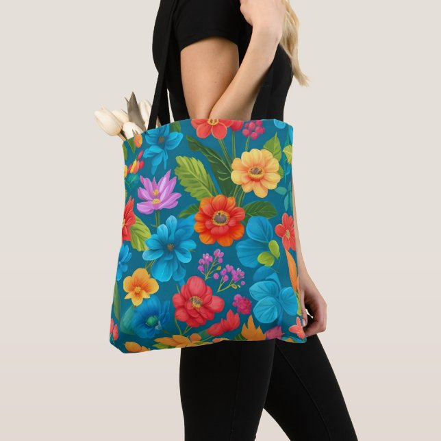Spring and Summer Colourful Floral Pattern Tote Bag (Close Up)
