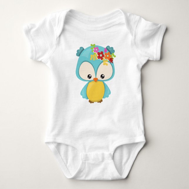 Spring Animals, Cute Owl, Little Owl, Flowers Baby Bodysuit (Front)