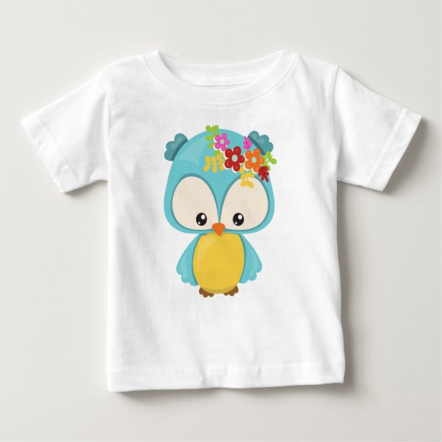 Spring Animals, Cute Owl, Little Owl, Flowers Baby T-Shirt (Front)
