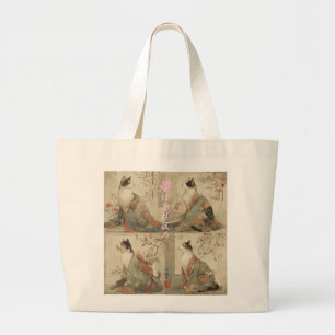 "Spring at Dawn" Japanese Cat in Kimono Art Large Tote Bag
