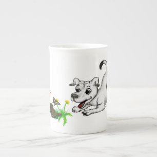 Spring-awake, puppy with butterfly bone china mug