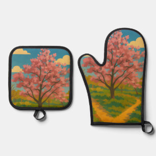 Spring Awakening – Blooming Tree Landscape Oven Mitt & Pot Holder Set