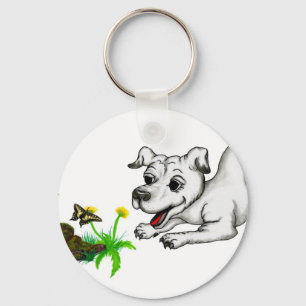 Spring Awakening, Puppy with Flowers and Butterfly Key Ring
