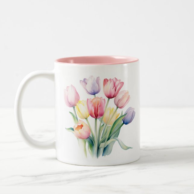Spring Awakening - Watercolor Tulips  Two-Tone Coffee Mug (Left)