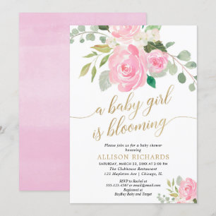 Spring baby girl is blooming pink gold girl shower invitation