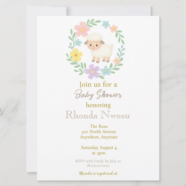 Spring Baby Shower Lamb Inside Floral Wreath Invitation (Front)