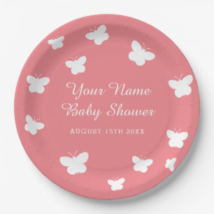 Spring baby shower party coral pink butterfly paper plate