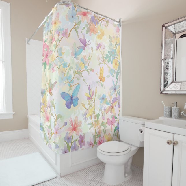 Spring Bathroom Decor, Wildflowers and Butterflies Shower Curtain (In Situ)