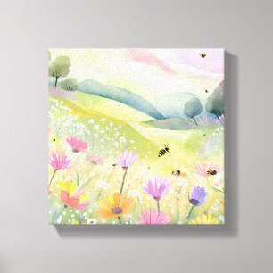 Spring Bees Flower Fields Floral Colourful Natur Canvas Print