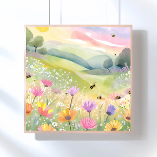 Spring Bees Flower Fields Floral Colourful Natur Poster