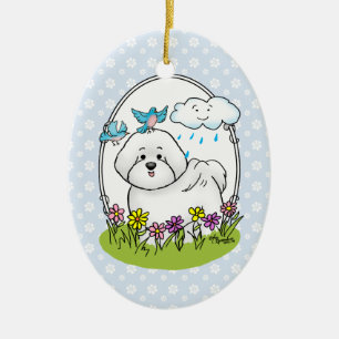 Spring Bichon Frise Dog with Flowers - Cute Ceramic Tree Decoration