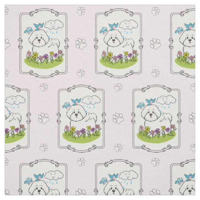 Spring Bichon Frise Dog with Flowers - Cute Fabric (Swatch)