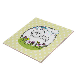 Spring Bichon Frise Dog with Flowers - Cute Tile