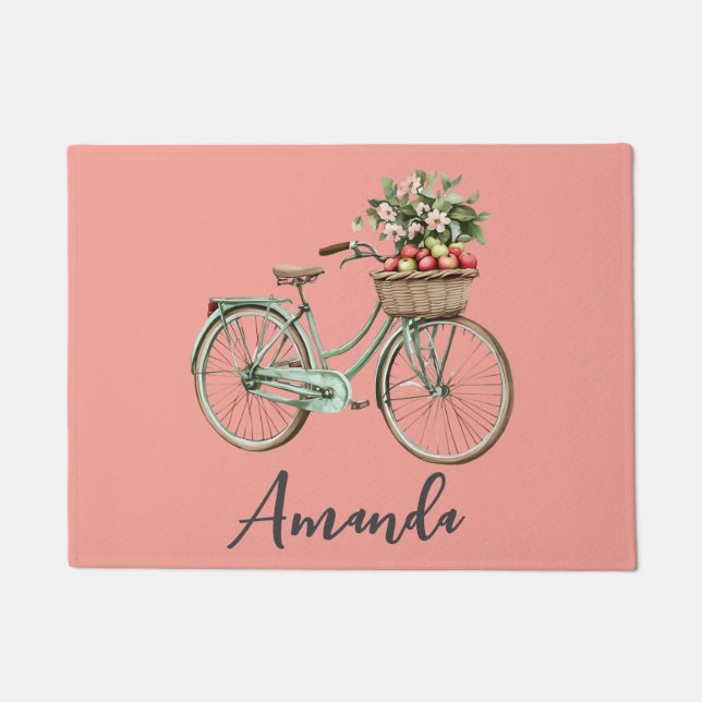 Spring Bicycle Green Apples Pink Doormat (Front)