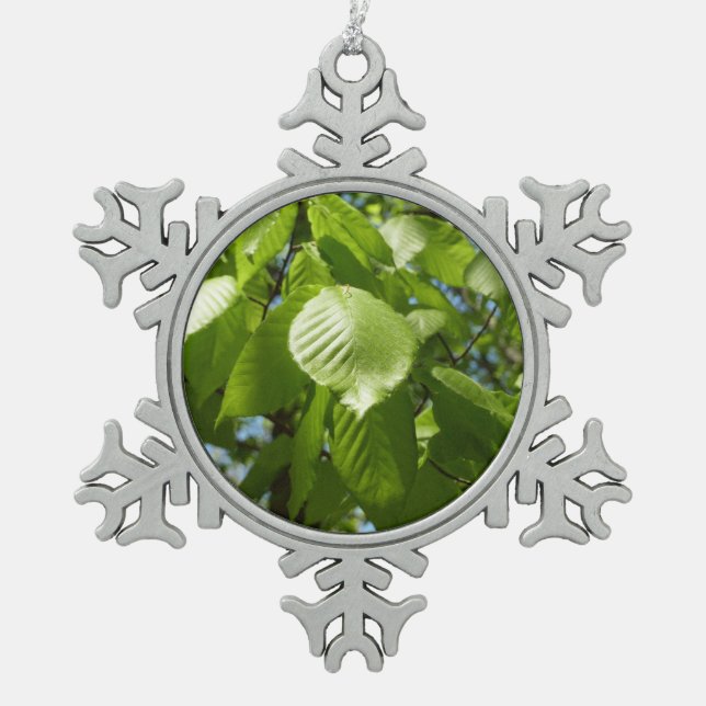 Spring Birch Leaves Green Tree Snowflake Pewter Christmas Ornament (Front)