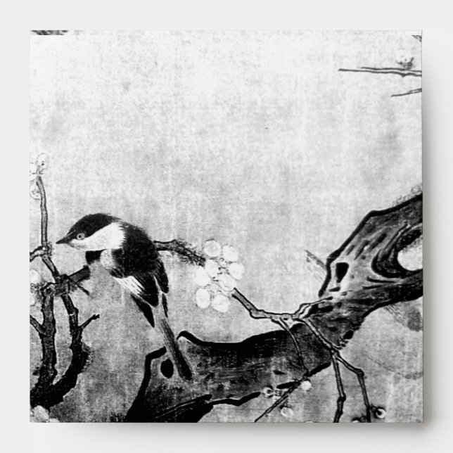 SPRING BIRD AND FLOWER TREE Black White Envelopes (Front)