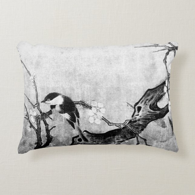 SPRING BIRD AND FLOWER TREE Black White Grey Decorative Cushion (Front)