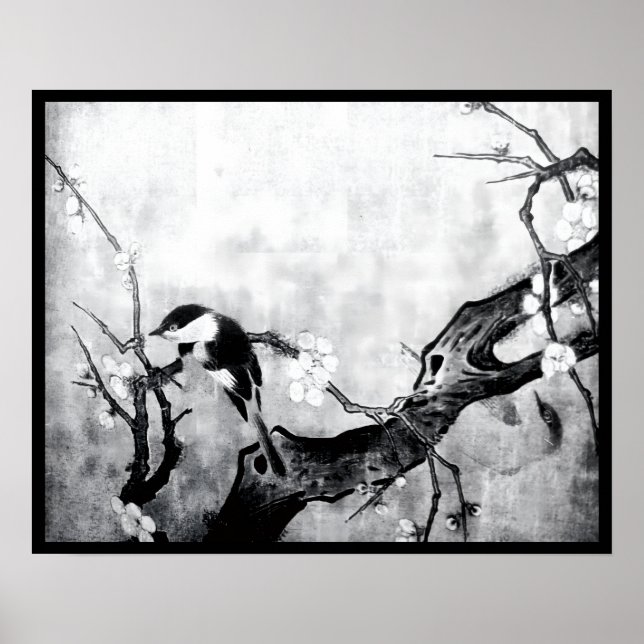 SPRING BIRD AND FLOWER TREE Black White Grey Poster (Front)