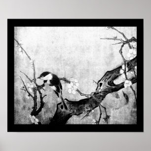 SPRING BIRD AND FLOWER TREE Black White Grey Poster