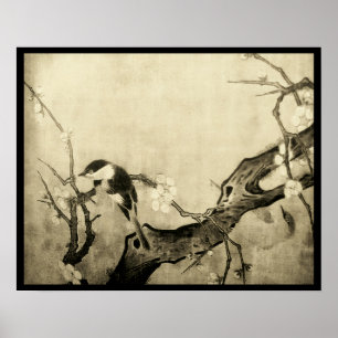 SPRING BIRD AND FLOWER TREE Brown Sepia Poster