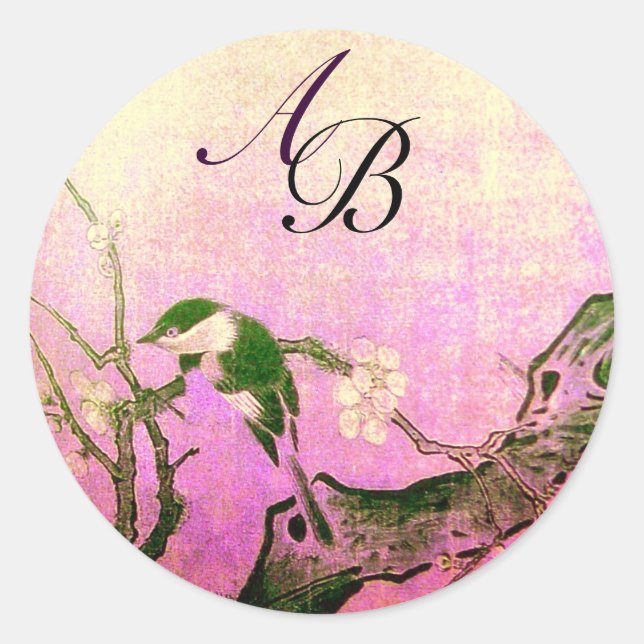 SPRING BIRD AND FLOWER TREE MONOGRAM Pink Fuchsia Classic Round Sticker (Front)
