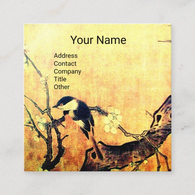 SPRING BIRD AND FLOWER TREE MONOGRAM Yellow Brown Square Business Card (Front)