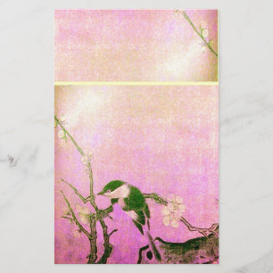 SPRING BIRD AND FLOWER TREE Pink Fuchsia Stationery