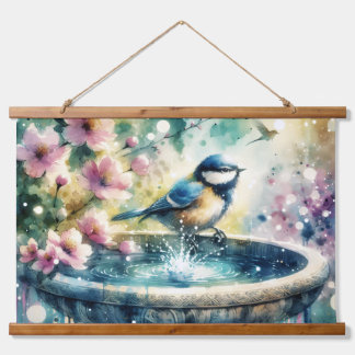 Spring Bird Bath Watercolor Hanging Tapestry