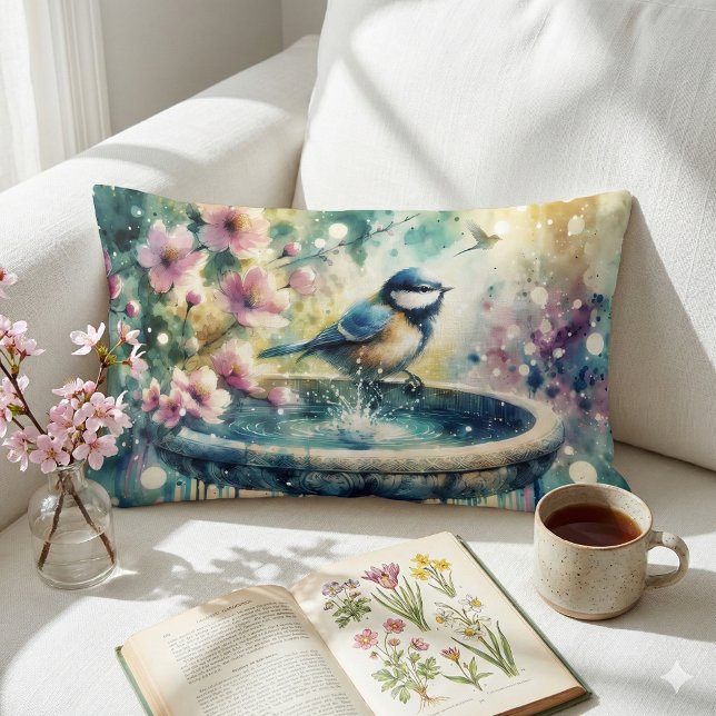Spring Bird Bath Watercolor Lumbar Cushion (Spring Bird Bath Watercolor Lumbar Pillow Mockup A)