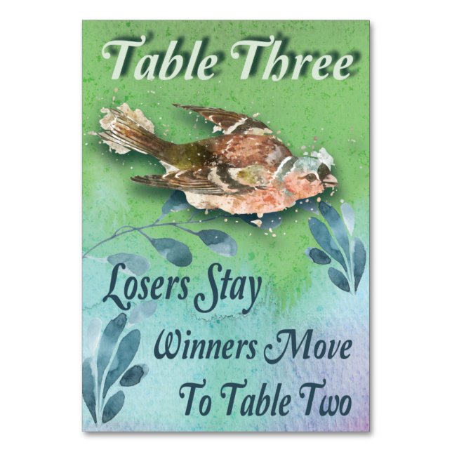 Spring Bird Bunco Table Three Watercolor Table Number (Front)