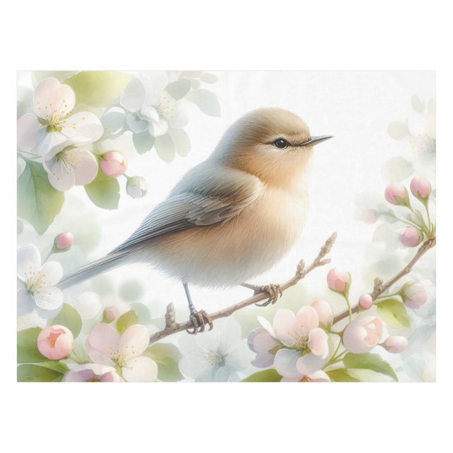 Spring Bird Cherry Blossom Floral Watercolor Tablecloth (Front (Horizontal))