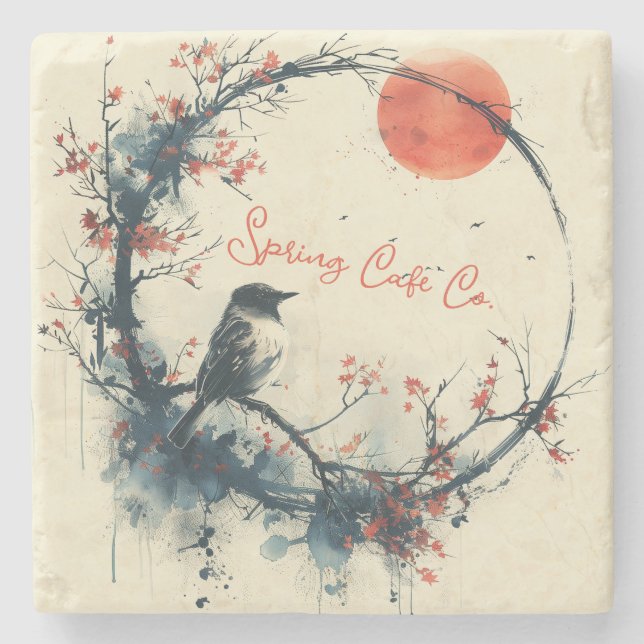 Spring Bird Floral Stone Coaster (Front)