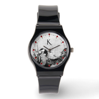 SPRING BIRD,FLOWER TREE Black White Monogram Watch