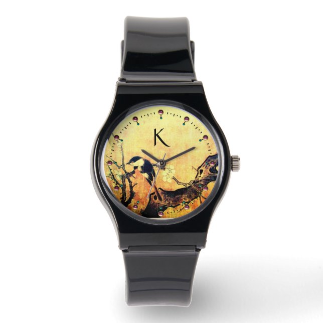 SPRING BIRD,FLOWER TREE Gold Yellow Brown Monogram Watch (Front)
