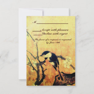 SPRING BIRD,FLOWER TREE MONOGRAM YELLOW BROWN RSVP CARD