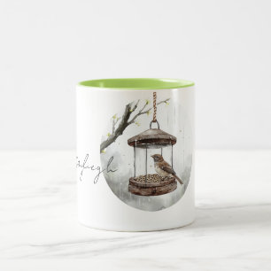Spring Bird in Bird Feeder Two-Tone Coffee Mug