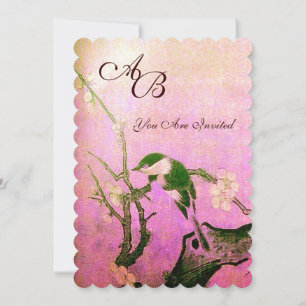 SPRING BIRD MONOGRAM Pink Fuchsia White Brown Invitation