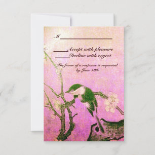 SPRING BIRD ON FLOWER TREE MONOGRAM PINK RSVP CARD