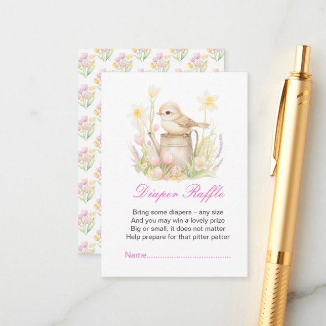 Spring Bird Watering Can Baby Shower Enclosure Card (Front/Back In Situ)