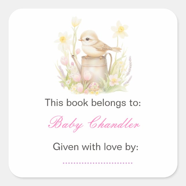 Spring Bird Watering Can Baby Shower Square Sticker (Front)