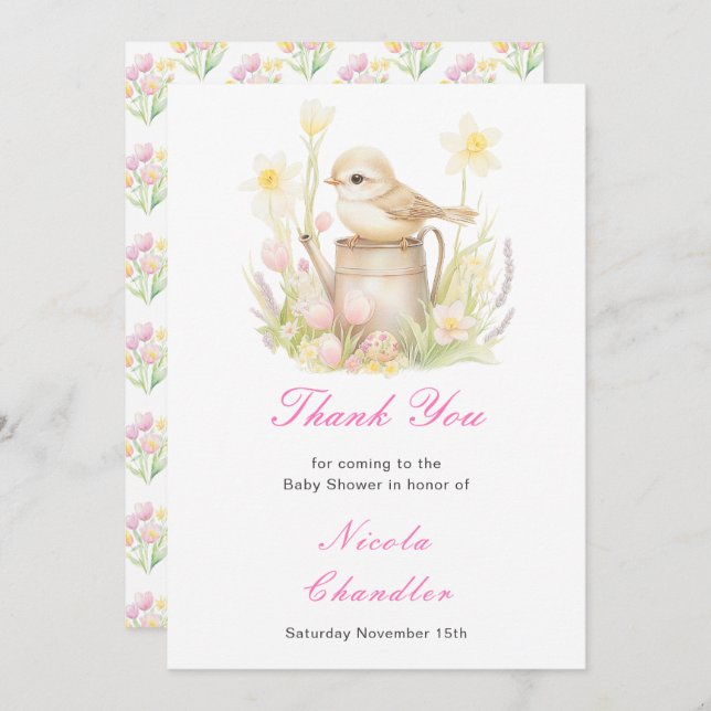 Spring Bird Watering Can Baby Shower Thank You Card (Front/Back)