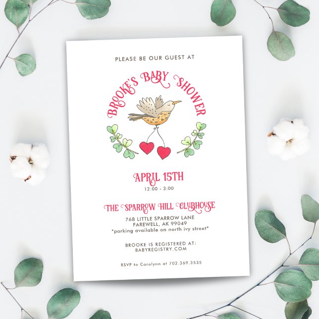 Spring Bird with Hearts Cute Baby Shower Invitation (Creator Uploaded)