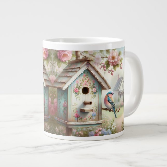 Spring Birdhouse With Pastel Flowers And Bird Large Coffee Mug (Front Right)