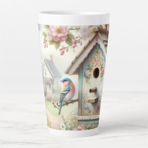 Spring Birdhouse With Pastel Flowers And Bird Latte Mug
