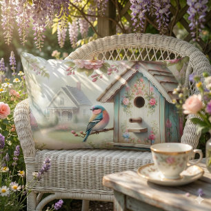 Spring Birdhouse With Pastel Flowers And Bird Lumbar Cushion