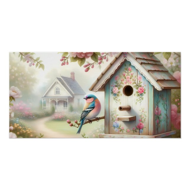 Spring Birdhouse With Pastel Flowers And Bird Poster (Front)