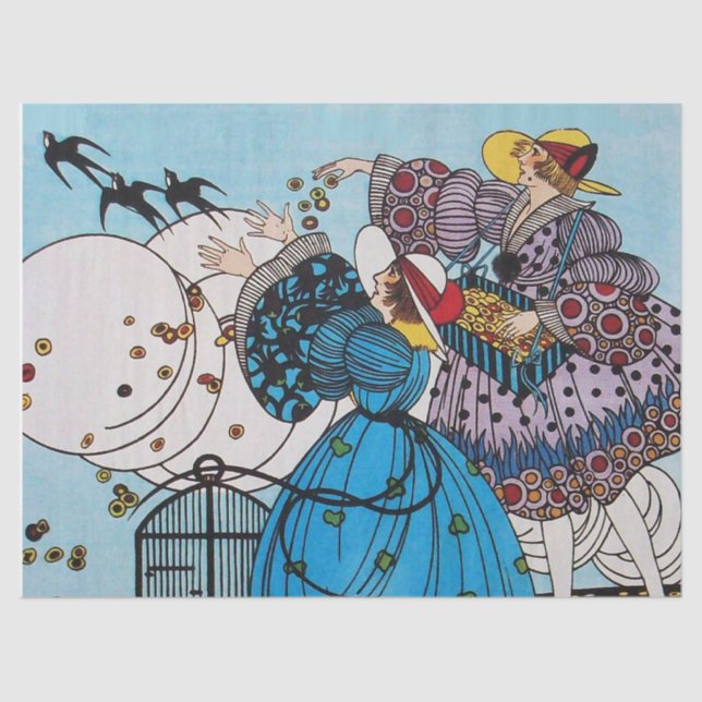 SPRING BIRDS AND LADIES ,ART DECO BEAUTY FASHION TISSUE PAPER (Front)