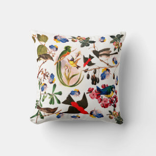 SPRING BIRDS,COLORFUL FEATHERS AND FRUITS Floral Cushion
